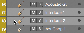 Four track headers are listed: Acoustic Gt (track 16), Interlude 1 (track 17), interlude 2 (track 18), and act chop 1 (track 19), in which interlude 2 track header is selected.