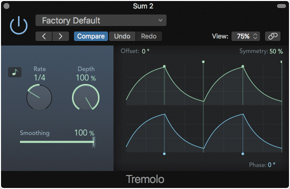 The Tremolo plug-in window is shown. Factory default is selected from a drop down menu. Compare option is selected. Two waveforms with rate, depth, and smoothing values are shown below. At the lower right corner, the phase value is set to o degrees.