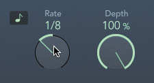 A screenshot of a portion of the Tremolo plug-in, showing the rate and depth level knobs is shown. The rate is set to 1 over 8 and depth is set to 100 percent.