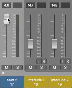 Channel strips of sum 2 (track 17), interlude 1 (track 18), and interlude (track 19) are shown. The volume fader in sum 2 channel strip is dragged to 4.0 decibel. Interlude 1 is set to 14.7 and interlude 2 is set to 14.8.