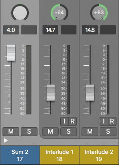 Channel strips of sum 2 (track 17), interlude 1 (track 18), and interlude (track 19) are shown. The pan knobs are shown on the top. The interlude 1 pan knob is set to left and the interlude 2 pan knob is set to right.