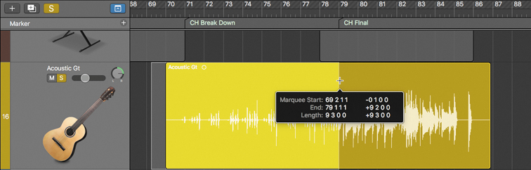 A screenshot depicts selecting a region of Acoustic Gt track.
