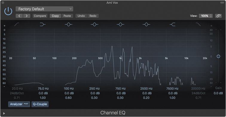 The Channel EQ window is shown. Analyzer button is turned on. The frequency spectrum curve of the sound is displayed on the graphic display.