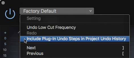 The settings pop-up menu of plug-in window is shown. Several options are displayed in which ''Include plug-in undo steps in project undo history'' option is selected.
