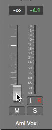 A snapshot of the Ami Vox channel strip is shown. A vertical slider denotes the volume fader. The level negative 4.1 of the volume fader is displayed at the top. It consists of the buttons labeled "M" and "S."