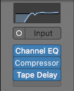 A snapshot of the Duvi Vox channel strip displays the plug-in options namely channel EQ, compressor, and tape delay. Also, it consists of the input button at the top.