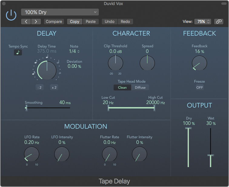 A snapshot of the tape delay plug-in in the Duvid Vox window is shown.