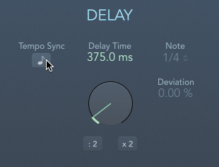 A screenshot of the delay section in the tape delay window is shown. It displays the delay time, tempo sync, note, and deviation percent. The tempo sync button is clicked to disable. The displayed delay time is 375 milliseconds.