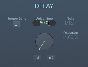 A screenshot of the delay section in the tape delay window is shown. In the delay time field, the time is entered as 90 milliseconds.