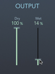 A snapshot of the Output section in the tape delay window is shown. Two vertical sliders are displayed here. The dry slider is set to 100 percent and the wet slider is set to 14 percent.