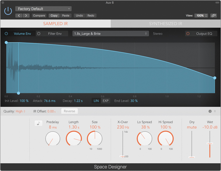 A snapshot of the Aux 6 in the Space designer window is shown. The "volume env" is selected at the top. The details such as pre-delay, length, size, X-over, Lo spread, and Hi spread percent are displayed at the top. The dry and wet sliders are also displayed here.