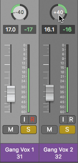A screenshot shows the Gang Vox 1 and Gang Vox 2 channel strips next to each other with the PAN values at 31 and 32 respectively. The solo button at the bottom of the Gang Vox 1 and 2 are selected. The knob at the top of the two strips is set to negative 40 and positive 40 respectively.