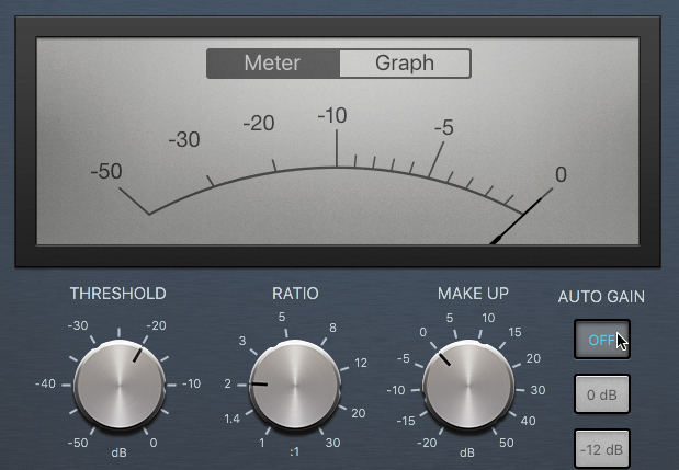 A screenshot of the gain reduction meter, which consists of two tabs namely meter (selected) and graph is shown. The adjustment knobs are shown below it. The auto gain consists of three buttons namely off, 0 decibels, and negative 12 decibels. Here, the off button is selected.
