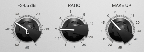 A screenshot shows three control knobs. The threshold knob is set to negative 34.5 decibels. The ratio and make up knobs point at 2 and negative 1 respectively.