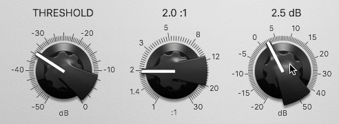 A screenshot shows the control knobs of threshold, ratio, and make up. The make up knob points at 2.5 decibels.