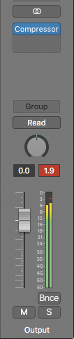 A screenshot shows the output channel strip. The compressor button below the format button is selected. The values on the display above the volume fader are 0.0 and 1.9.