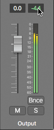 A screenshot shows the output channel strip. The peak level displays the number negative 4.4 and is selected to reset.
