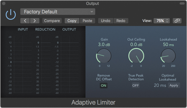 A screenshot of the adaptive limiter window on the output channel strip is shown.