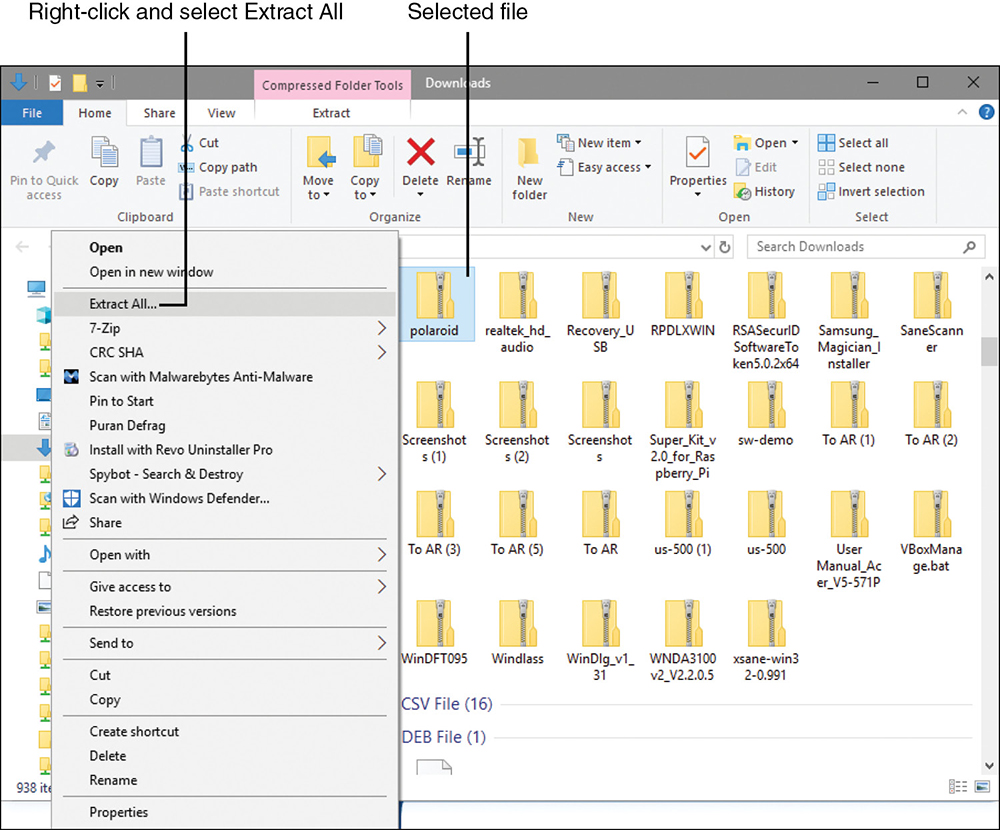 A screenshot of the File Explorer window giving steps to extract files from a Zip archive file is shown.