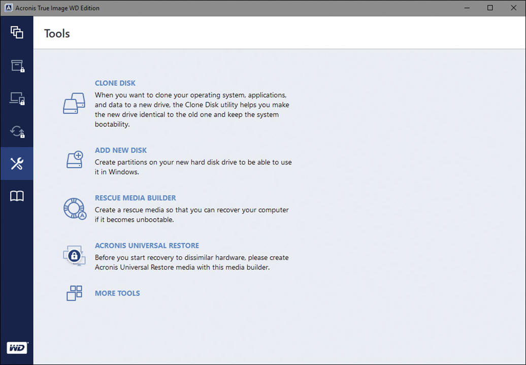 A screenshot of the tools page in Acronis True Image backup software is shown.