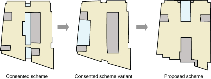Sketch showing Consented scheme massing study and plans: Consented scheme, Consented scheme variant, and Proposed scheme.