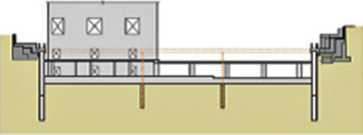 Sketch showing Substructure and core steps: Middle basement slab, beneath propping level, and removal of props from above.