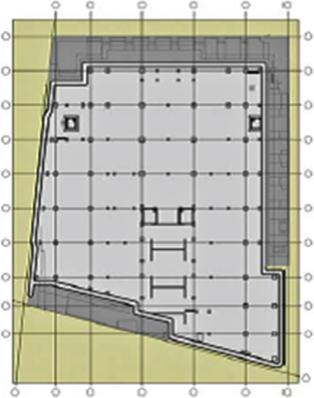 Sketch showing Structural grid layouts: Substructure: to adjust the plan to suit the trapezoidal site footprint.