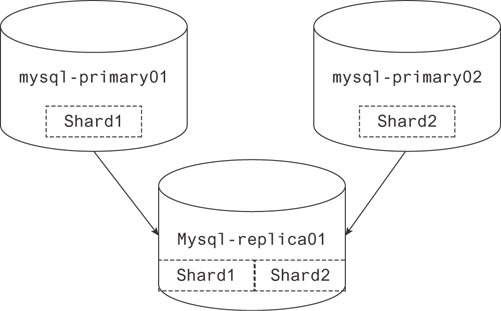 A figure represents two primary nodes writing to the same replica. Two databases, mysql-primary01 with the node shard1 (one the left) and mysql-primary02 with the node shard2 (on the right) replicates to another database, mysql-replica01 includes shard1 and shard2.