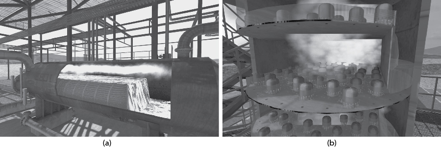 Two figures show examples of studying the operation inside a piece of equipment through "strip away" simulations.