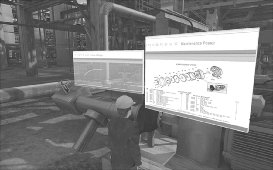 An image of a 3D simulation of an "avatar" standing in front of two projected screens: one of them displays a graph while the other titled "Maintenance Popup" displays an exploded view of an equipment with its parts labeled.