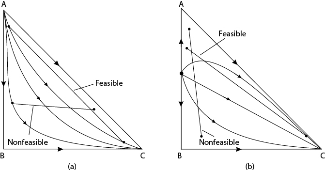 Two residue curve maps represent feasible and nonfeasible distillation processes.