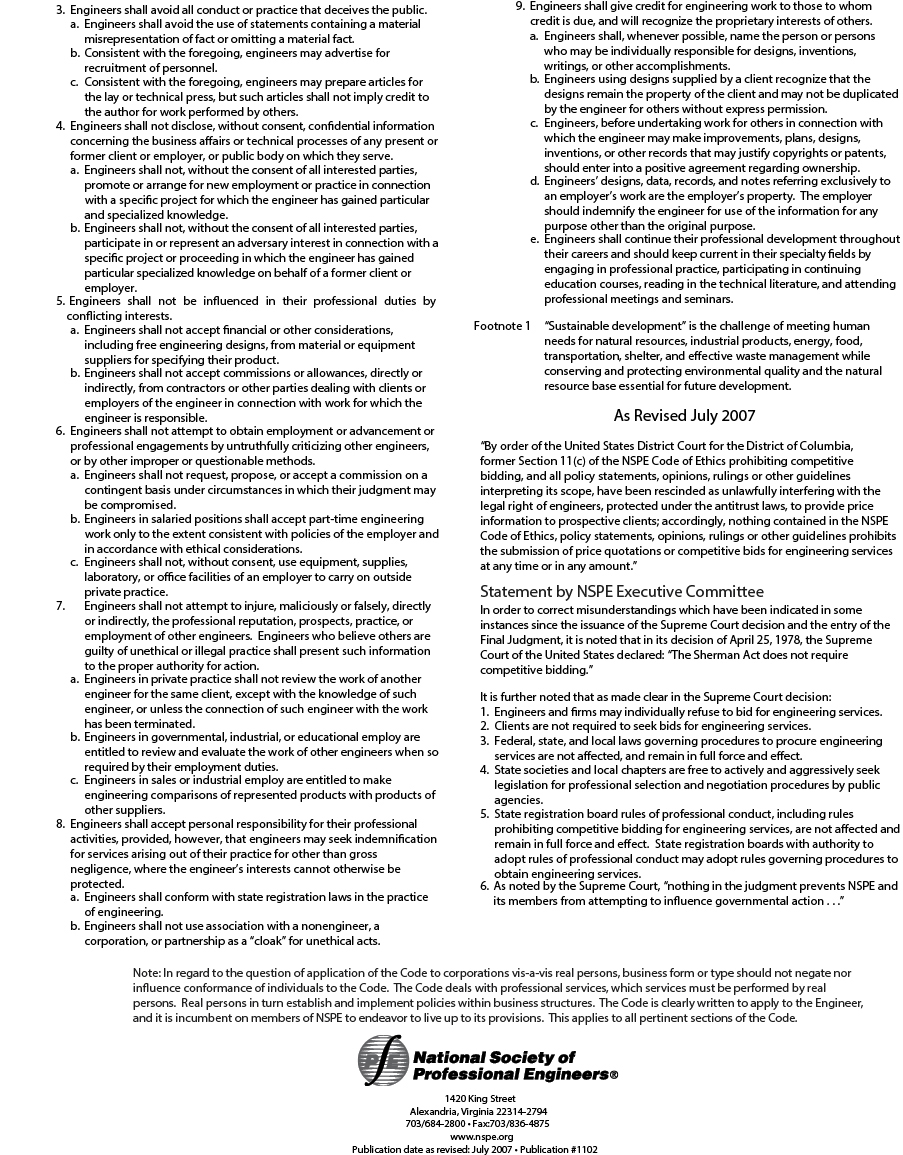 Code of Ethics of the National Society of Professional Engineers includes a preamble, fundamental canons, rules of practice, and professional obligations.