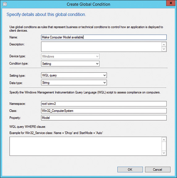 A screenshot of the Create Global Condition dialog box for a WQL query.