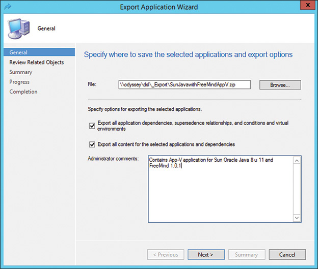 A screenshot shows the Export Application Wizard dialog box.