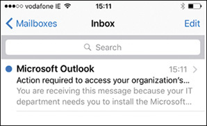 A screenshot shows Inbox displaying a mail in which Microsoft Outlook is indicated as the sender. The mail contains the subject Action required to access your organizations