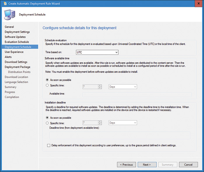 A screenshot shows the Deployment Schedule page of the Create Automatic Deployment Rule Wizard dialog box.