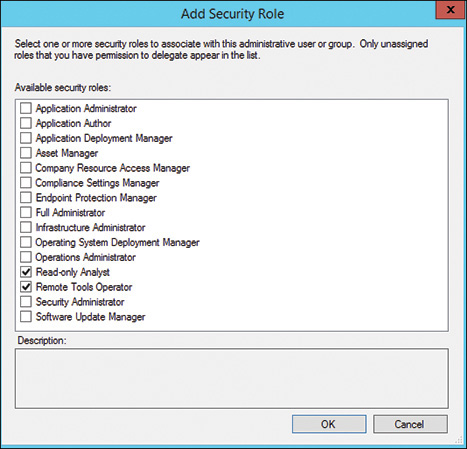 A screenshot shows Add Security Role dialog box. Under Available security roles, a listbox with checkboxes is displayed. Read-only Analyst and Remote Tools Operator check boxes are selected.