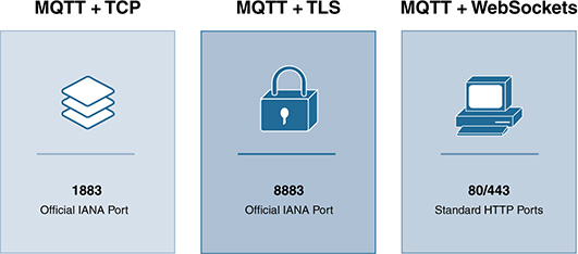 An illustration depicts the potential ports and transport choices MQTT offers.