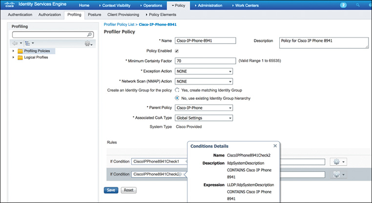 A screenshot of a Cisco 8941 IP Phone Profiler Policy is shown.